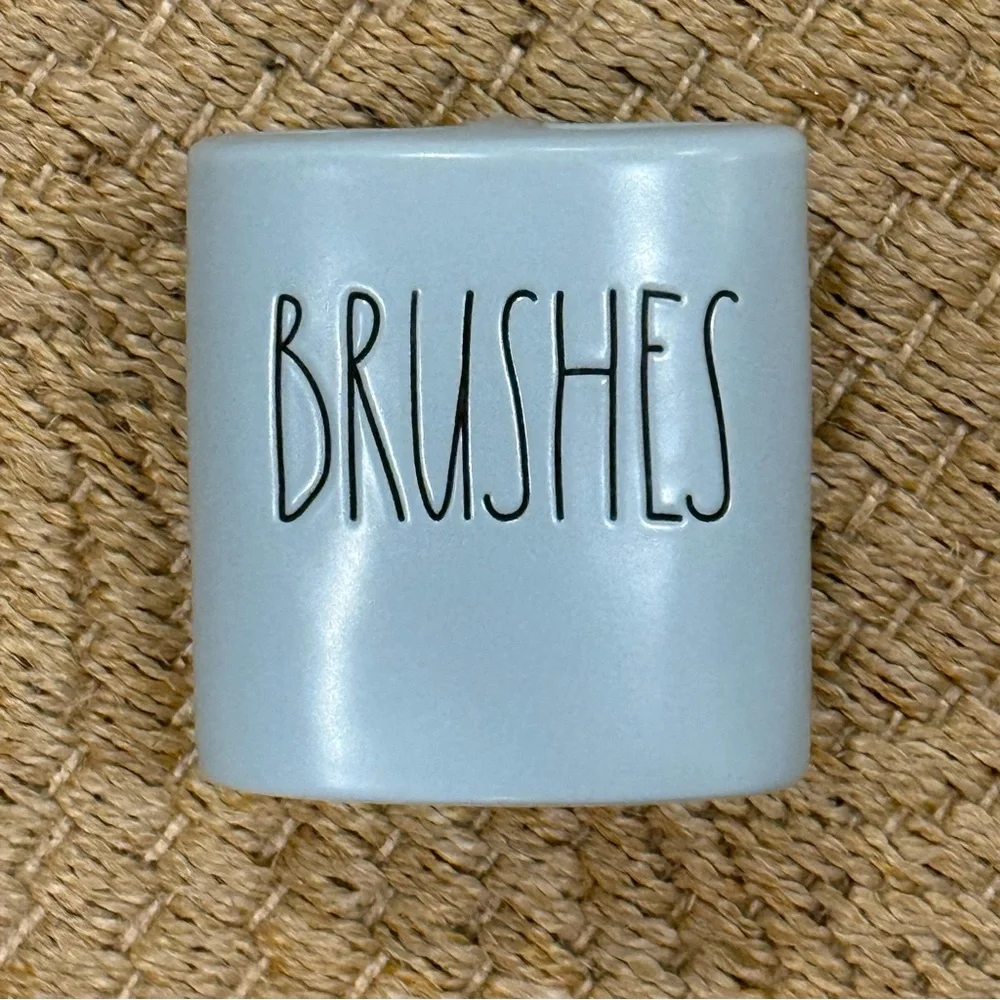 Rae Dunn Light Blue Ceramic 'BRUSHES' Organizer Paint Makeup & Tooth brushes!